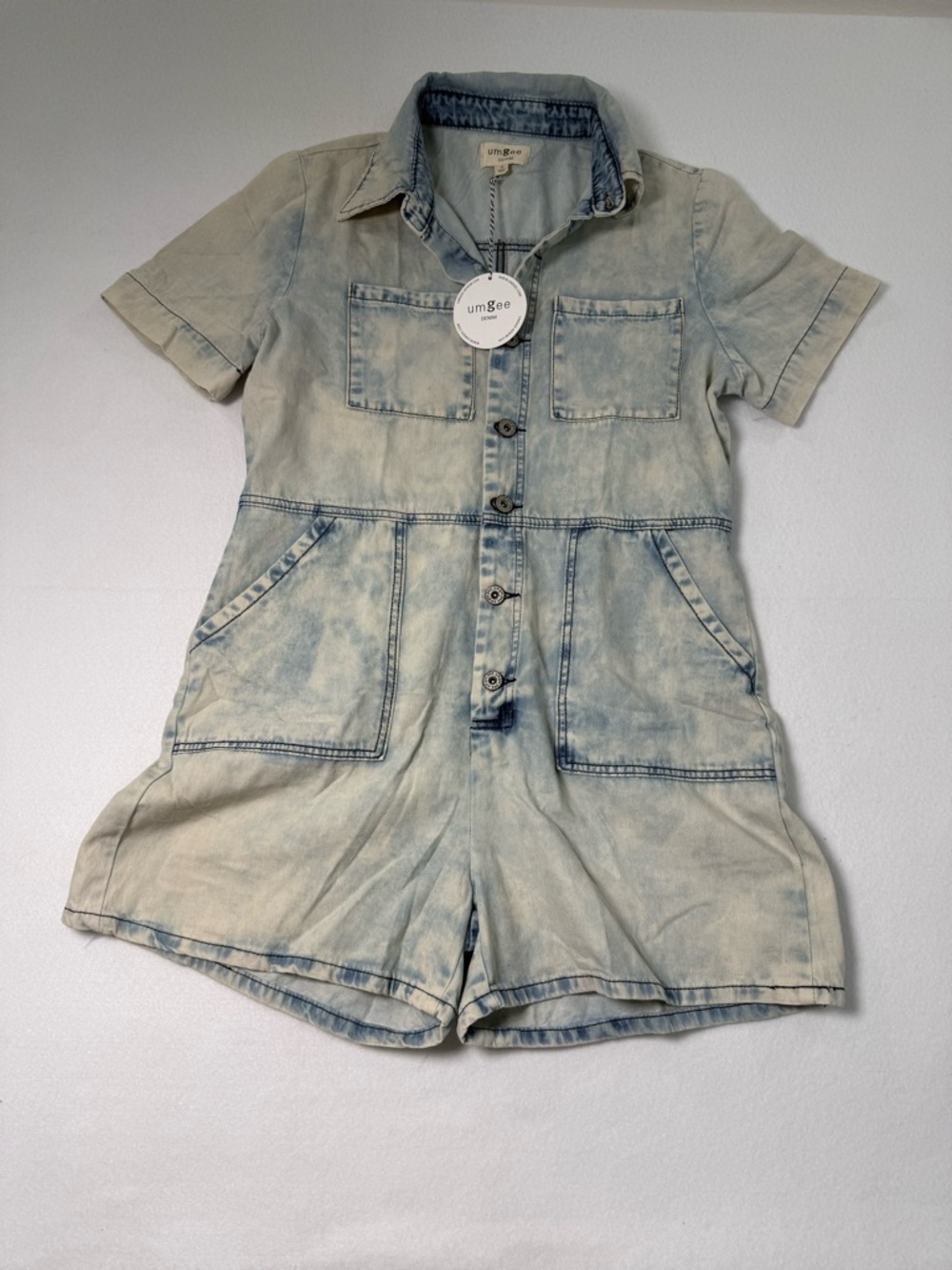Umgee Light Acid Wash Denim Short Sleeve Romper